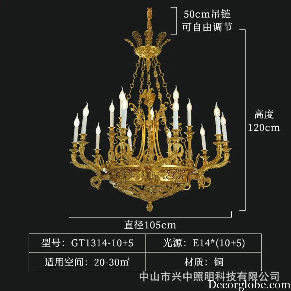 French-Style Crystal Copper Chandelier for Luxury Villas 15-head chandelier (diameter 105cm, height 120cm)