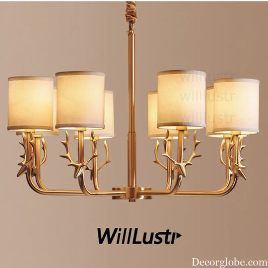 Willlustr Antler Copper Pendant Lamp with Fabric Shade American Country Bronze Brass Chandelier Suspension Lighting