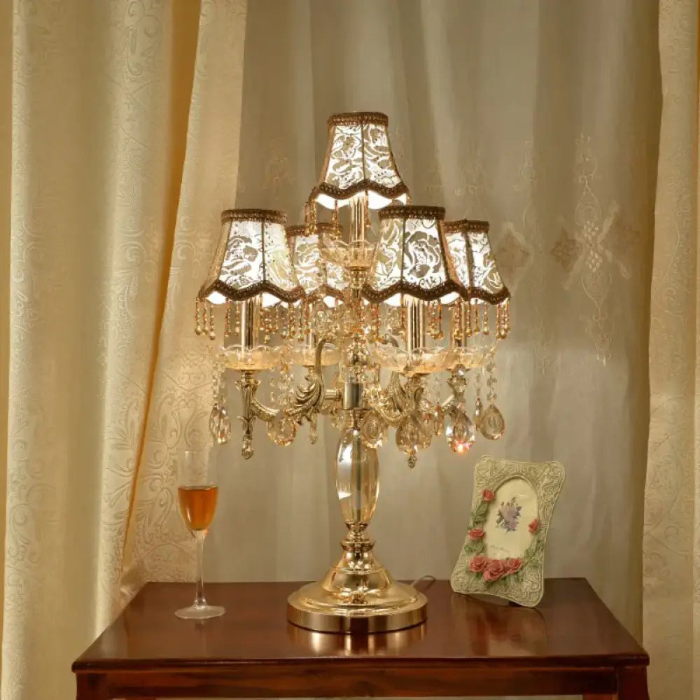 Genevieve European Crystal LED Table Lamp with Fabric Shade - Brown / Changeable - Table Lamp