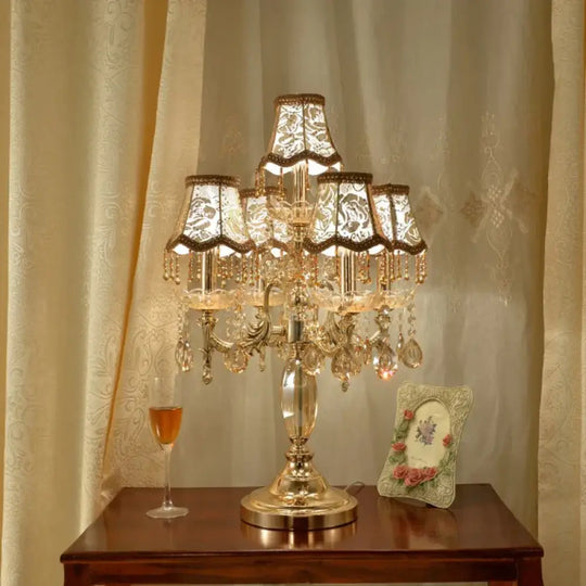 Genevieve European Crystal LED Table Lamp with Fabric Shade - Brown / Changeable - Table Lamp