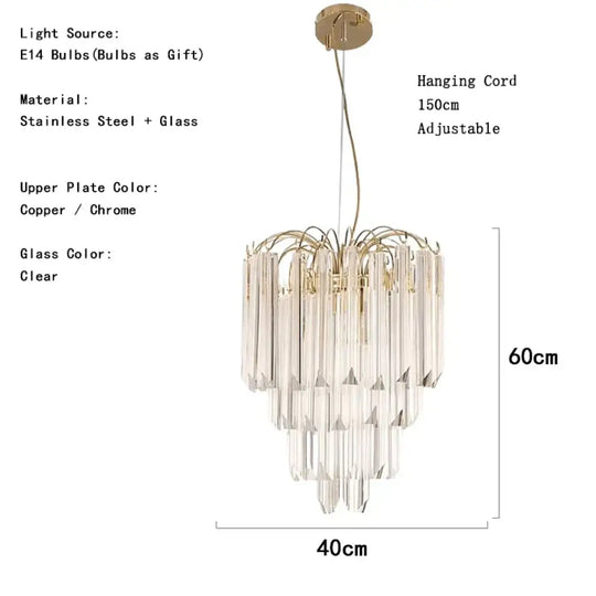 Gianna Italian Crystal Glass Pendant Chandelier – Classic Hanging Light for Staircase &amp; High Ceilings 40cm / Chrome
