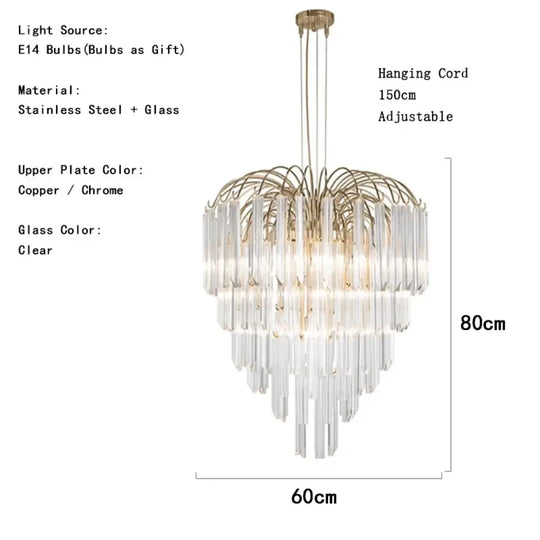 Gianna Italian Crystal Glass Pendant Chandelier – Classic Hanging Light for Staircase &amp; High Ceilings 60cm / Chrome