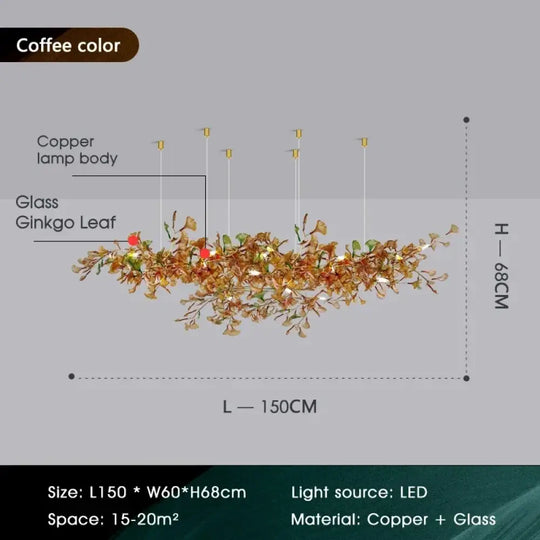Luxury Ginkgo Leaf Glass Branch Chandelier L150xW60xH68 Coffee Chandelier