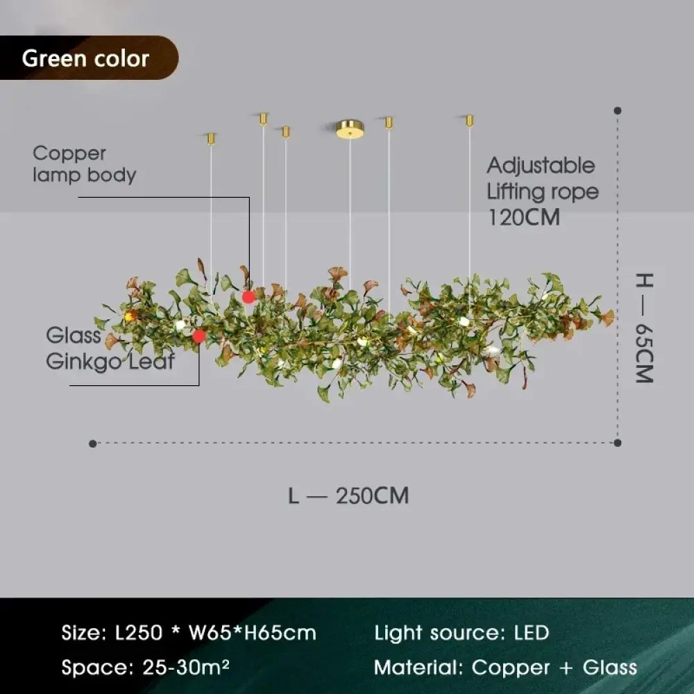 Luxury Ginkgo Leaf Glass Branch Chandelier L250xW65xH65 Green Chandelier