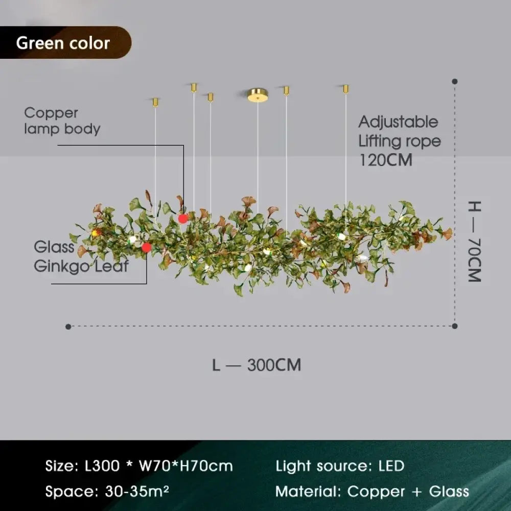 Luxury Ginkgo Leaf Glass Branch Chandelier L300xW70xH70 Green Chandelier