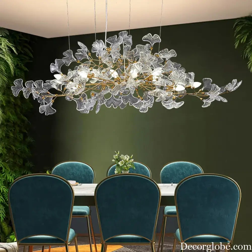 Glass Ginkgo Leaf Chandeliers With Gold Branch Shaped Frame For Dining Room Bedroom Leaf Ceiling Pendant Lights For