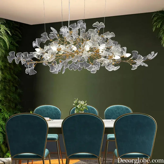 Glass Ginkgo Leaf Chandeliers With Gold Branch Shaped Frame For Dining Room Bedroom Leaf Ceiling Pendant Lights For