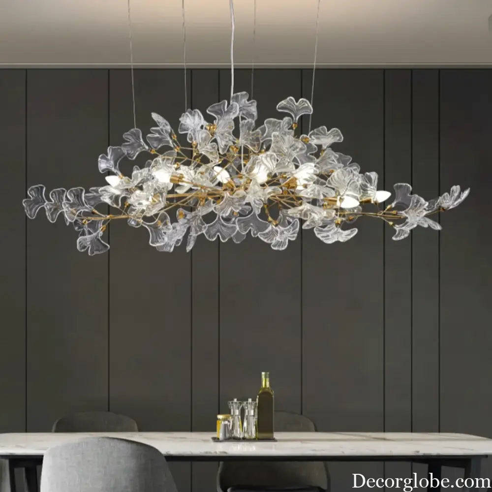 Glass Ginkgo Leaf Chandeliers With Gold Branch Shaped Frame For Dining Room Bedroom Leaf Ceiling Pendant Lights For