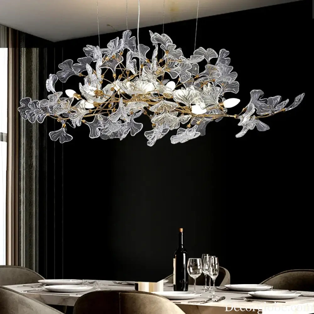 Glass Ginkgo Leaf Chandeliers With Gold Branch Shaped Frame For Dining Room Bedroom Leaf Ceiling Pendant Lights For