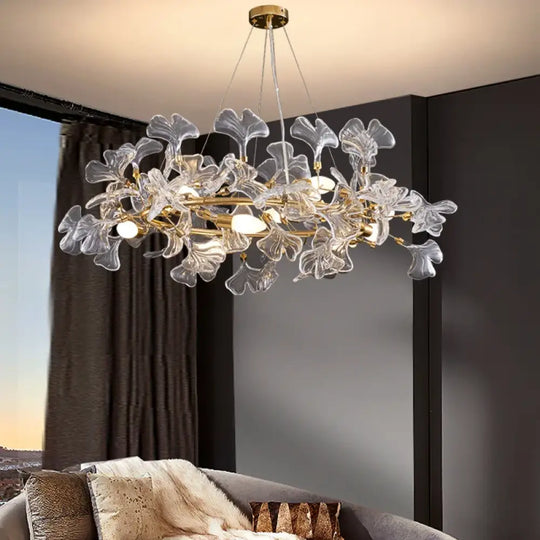 Glass Ginkgo Leaf Chandeliers With Gold Branch Shaped Frame For Dining Room Bedroom Leaf Ceiling Pendant Lights For