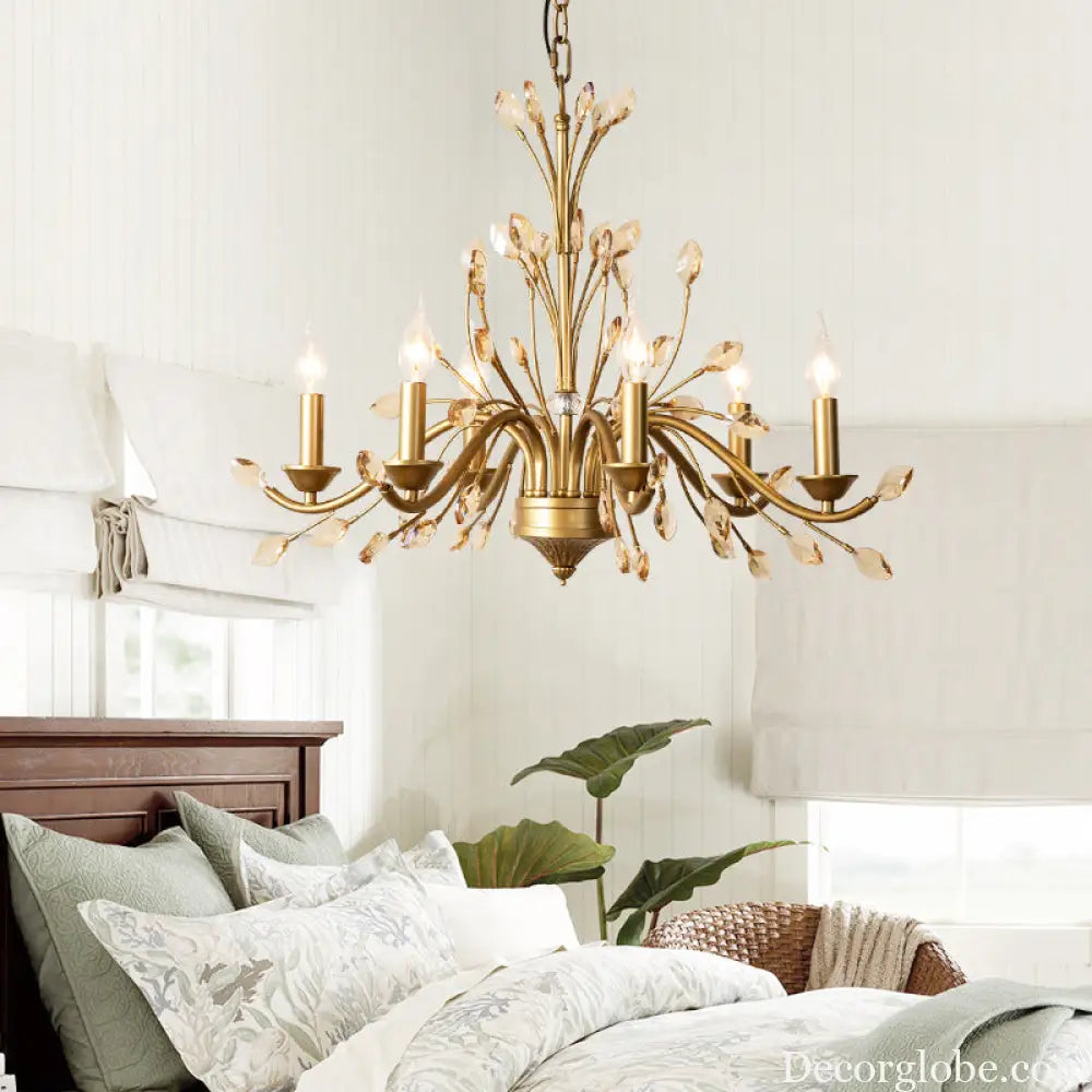 Gold Amber Crystal Branch Pendant Chandelier - Rustic Bedroom Suspension Lighting - DecorGlobe