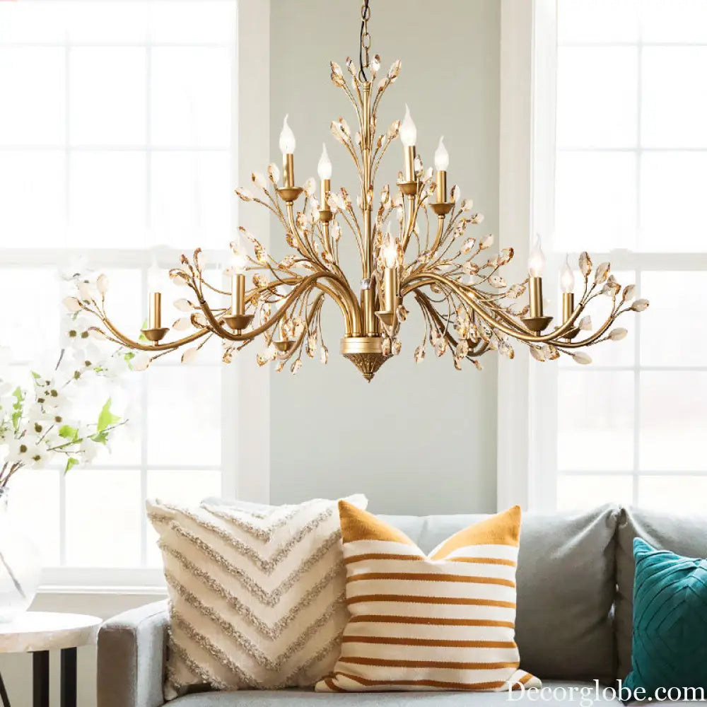 Gold Amber Crystal Branch Pendant Chandelier - Rustic Bedroom Suspension Lighting - DecorGlobe