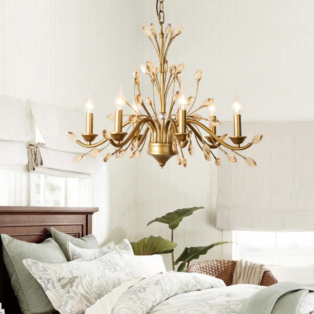 Gold Amber Crystal Branch Pendant Chandelier - Rustic Bedroom Suspension Lighting - DecorGlobe