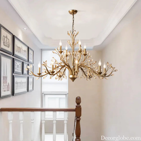 Gold Amber Crystal Branch Pendant Chandelier - Rustic Bedroom Suspension Lighting - DecorGlobe