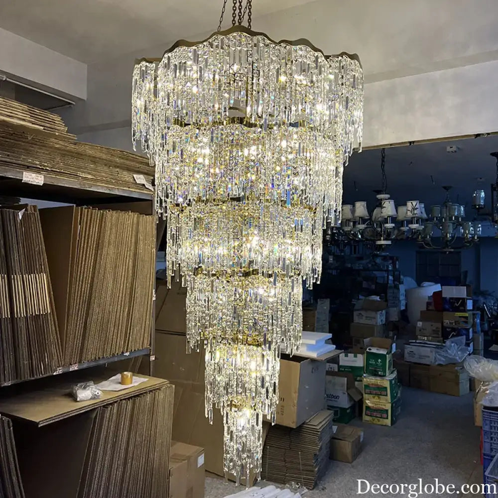 Elegant Golden Art Staircase Grand Chandelier - Luxury Crystal Illumination for Villa Halls with High Ceilings - DecorGlobe