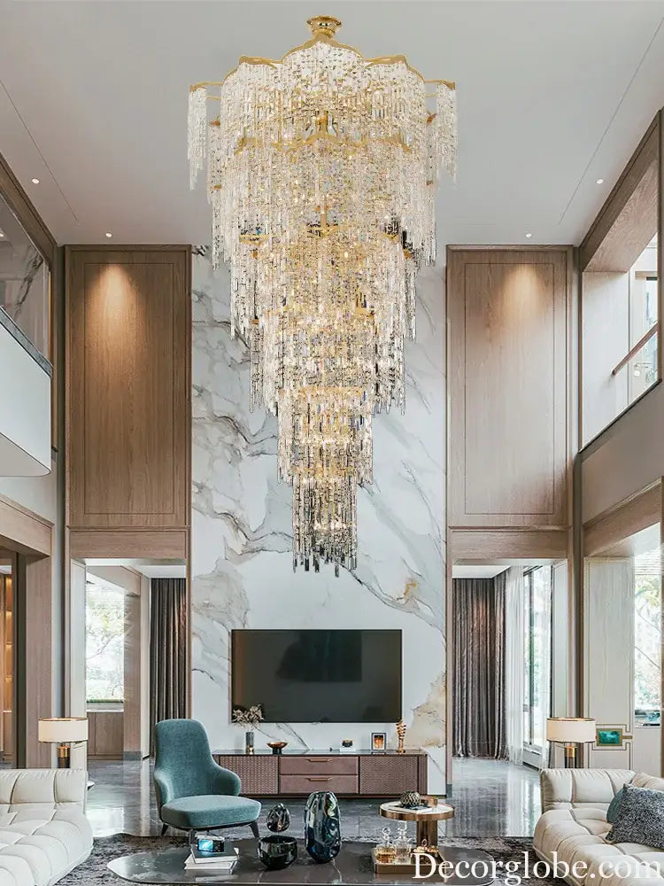 Elegant Golden Art Staircase Grand Chandelier - Luxury Crystal Illumination for Villa Halls with High Ceilings - DecorGlobe