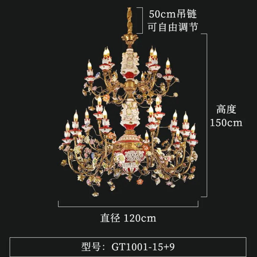 French duplex building copper chandelier European living room lamp luxury atmosphere ceramic villa empty large