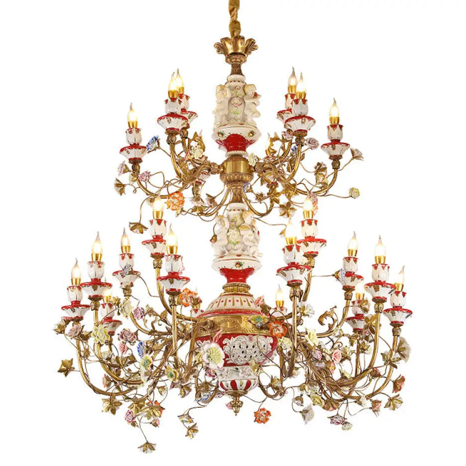 French duplex building copper chandelier European living room lamp luxury atmosphere ceramic villa empty large