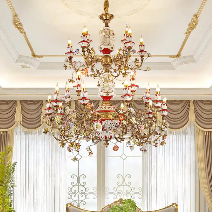 French duplex building copper chandelier European living room lamp luxury atmosphere ceramic villa empty large