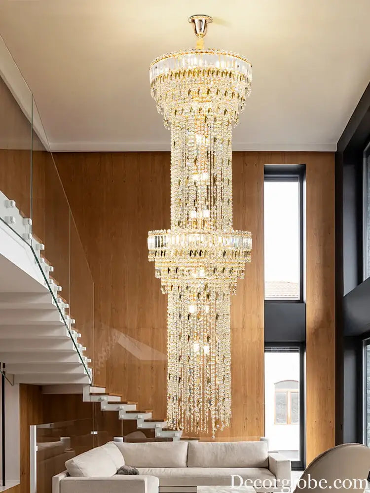 Hollow Spiral Crystal Long Chandelier for Staircase and Living Room Chandelier