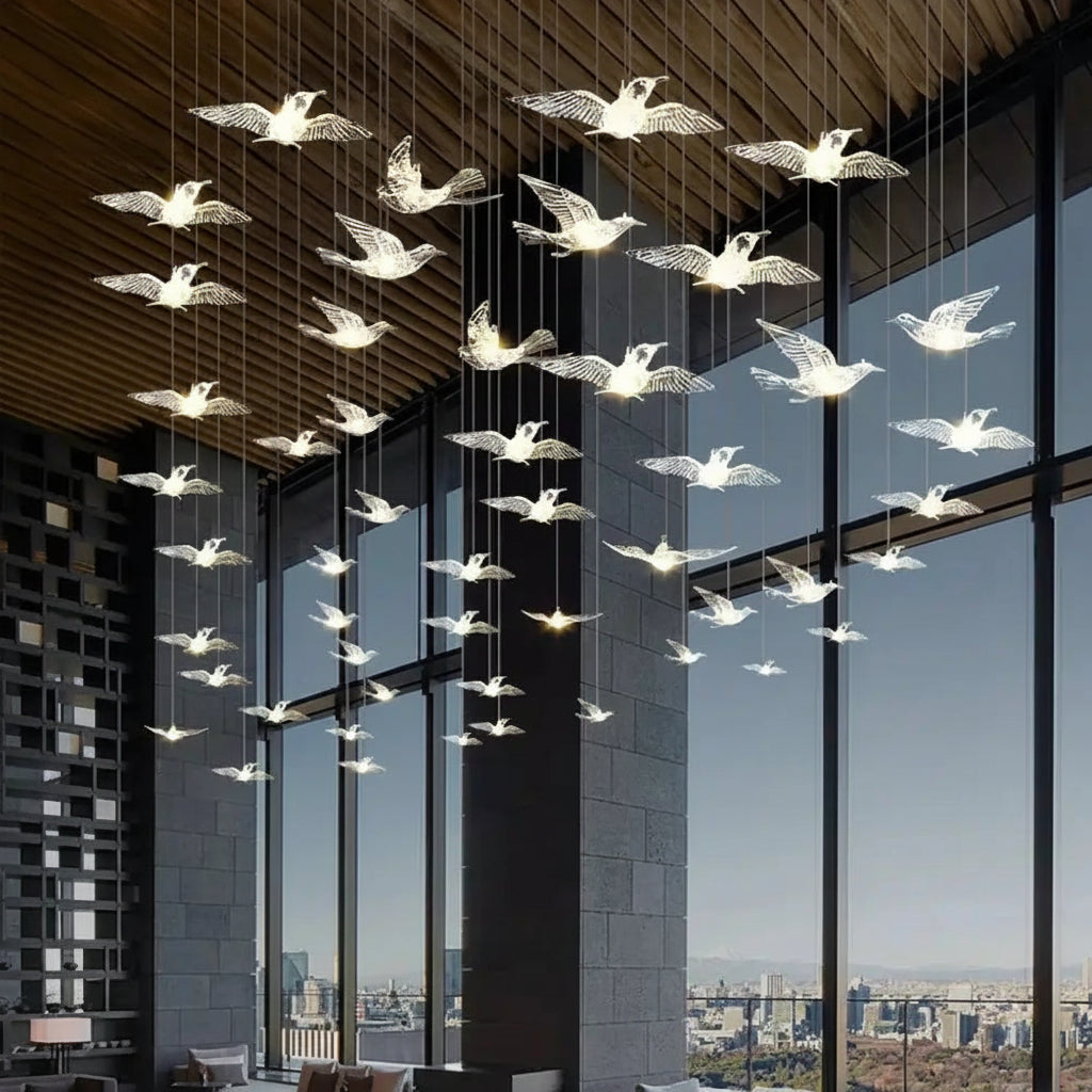 Acrylic Bird LED Pendant Lamp Pigeon Staircase Chandelier Hall Ceiling Hanging Lights Indoor Stair Artistic Decoration