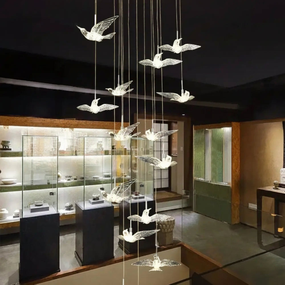 Acrylic Bird LED Pendant Lamp Pigeon Staircase Chandelier Hall Ceiling Hanging Lights Indoor Stair Artistic Decoration