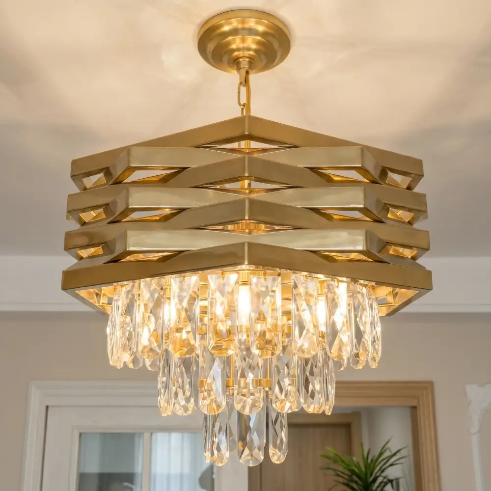 Modern Gold Hexagonal Crystal Chandelier K9 Crystal Adjustable Chain Light Fixture for Dining Room Living Room Kitchen