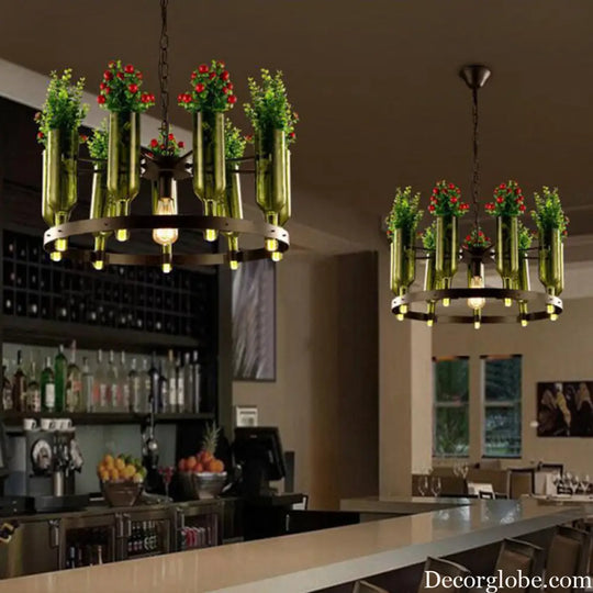 Iron Circular Chandelier Pendant Lamp in Black with Glass Pot and Plant - Restaurant Suspension Lighting Black