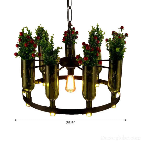 Iron Circular Chandelier Pendant Lamp in Black with Glass Pot and Plant - Restaurant Suspension Lighting Black