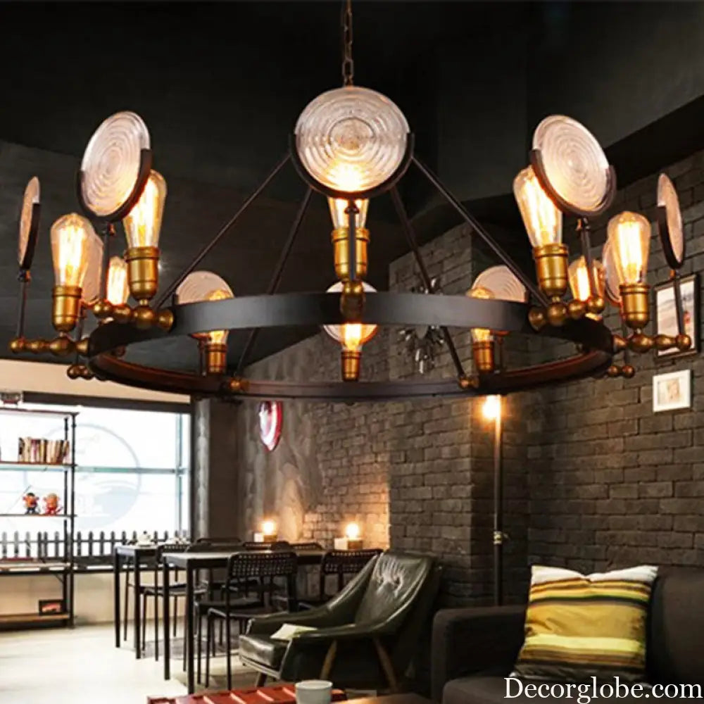 Clear Textured Glass Chandelier: Round Industrial Pendant Lighting - 6/8 Light | Brass Finish for Dining Room
