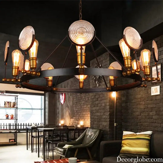 Clear Textured Glass Chandelier: Round Industrial Pendant Lighting - 6/8 Light | Brass Finish for Dining Room