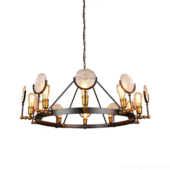 Clear Textured Glass Chandelier: Round Industrial Pendant Lighting - 6/8 Light | Brass Finish for Dining Room