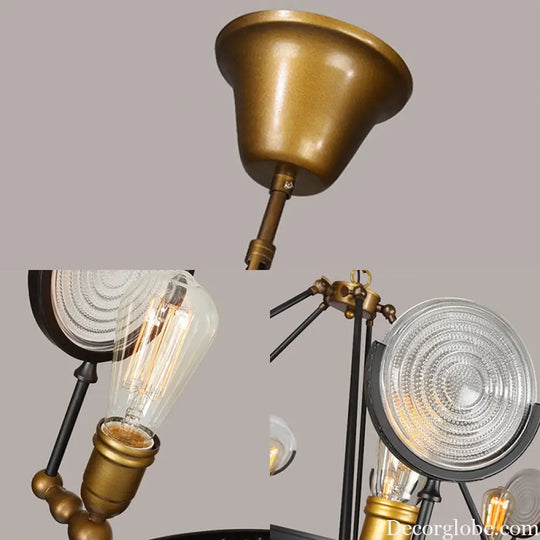 Clear Textured Glass Chandelier: Round Industrial Pendant Lighting - 6/8 Light | Brass Finish for Dining Room
