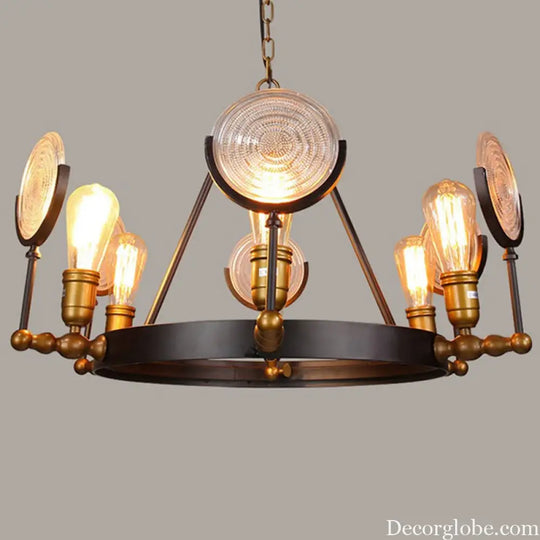 Clear Textured Glass Chandelier: Round Industrial Pendant Lighting - 6/8 Light | Brass Finish for Dining Room