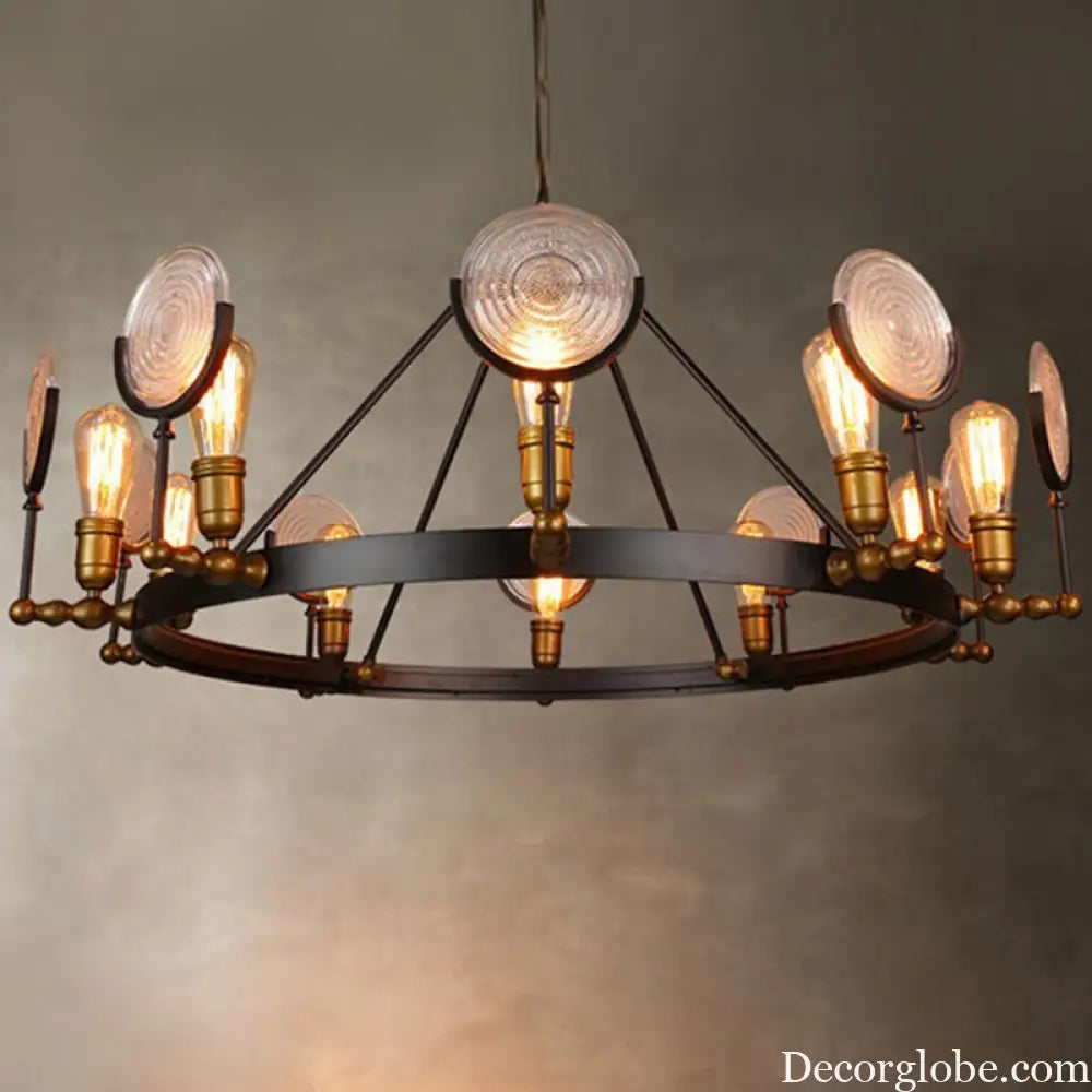 Clear Textured Glass Chandelier: Round Industrial Pendant Lighting - 6/8 Light | Brass Finish for Dining Room