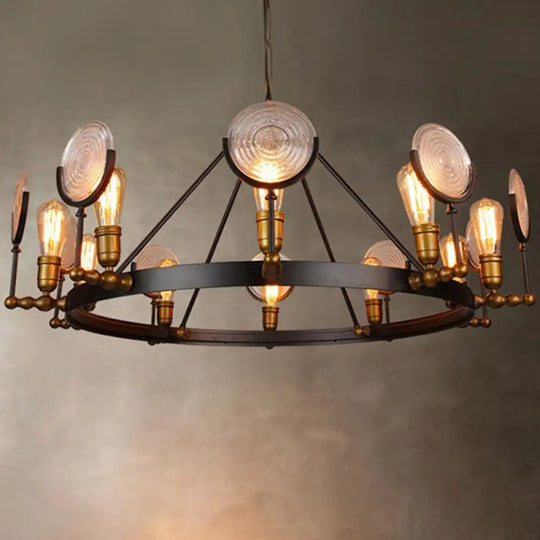 Clear Textured Glass Chandelier: Round Industrial Pendant Lighting - 6/8 Light | Brass Finish for Dining Room 8 / Brass