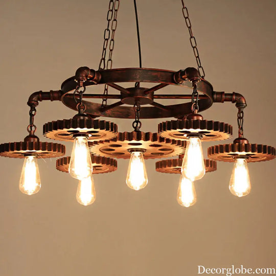 Vintage Copper Chandelier with 7 Lights - Retro Industrial Pendant Lamp in Gear Shape Weathered Copper