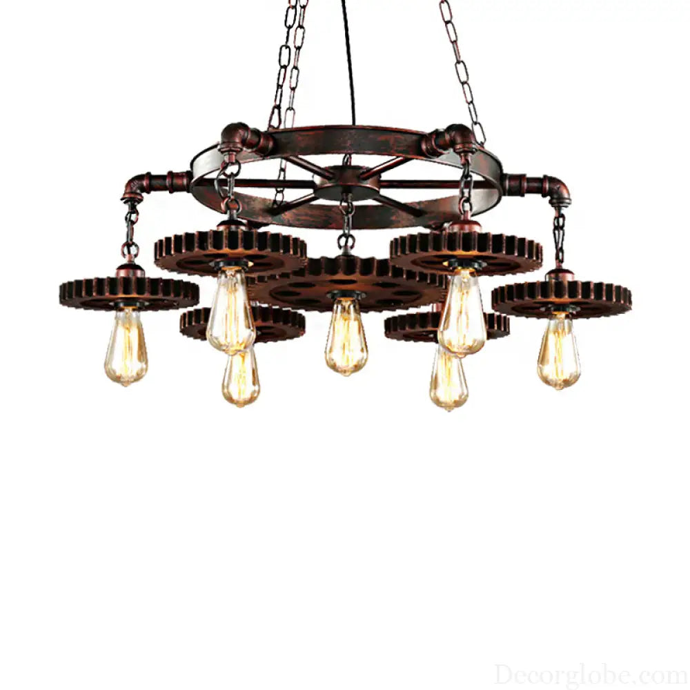 Vintage Copper Chandelier with 7 Lights - Retro Industrial Pendant Lamp in Gear Shape Weathered Copper