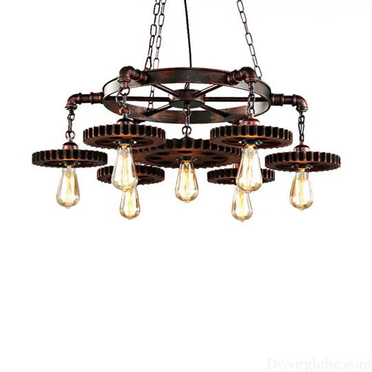 Vintage Copper Chandelier with 7 Lights - Retro Industrial Pendant Lamp in Gear Shape Weathered Copper
