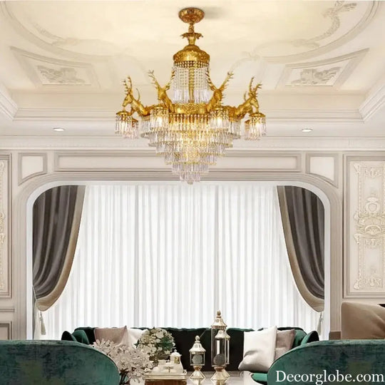 Isabelle French Deer Vintage Brass Crystal Chandelier E14 Ceiling Light Chandelier