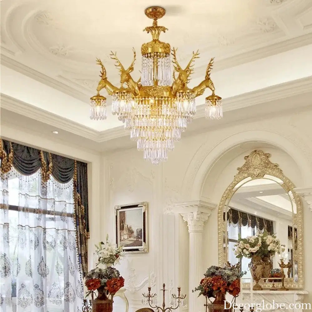 Isabelle French Deer Vintage Brass Crystal Chandelier E14 Ceiling Light Chandelier