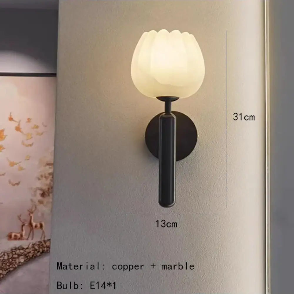 Art Deco Natural Marble Wall Lamp Flower Shape Brass E14 Bulb Lighting Fixtures For Parlor Bedroom Stairs Aisle - Black