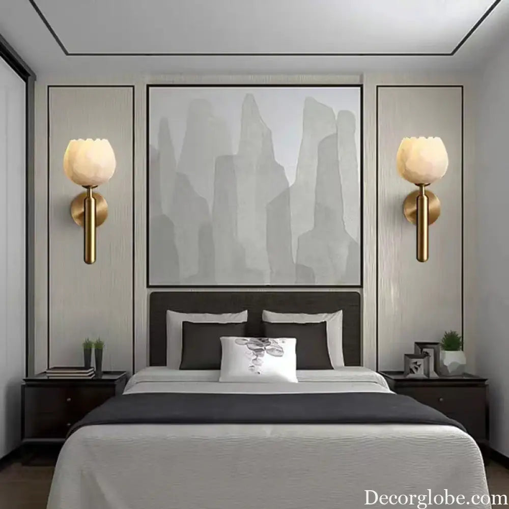 Art Deco Natural Marble Wall Lamp Flower Shape Brass E14 Bulb Lighting Fixtures For Parlor Bedroom Stairs Aisle