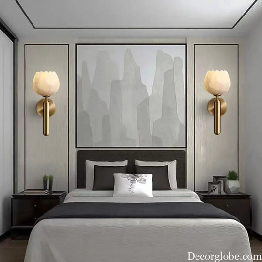 Art Deco Natural Marble Wall Lamp Flower Shape Brass E14 Bulb Lighting Fixtures For Parlor Bedroom Stairs Aisle