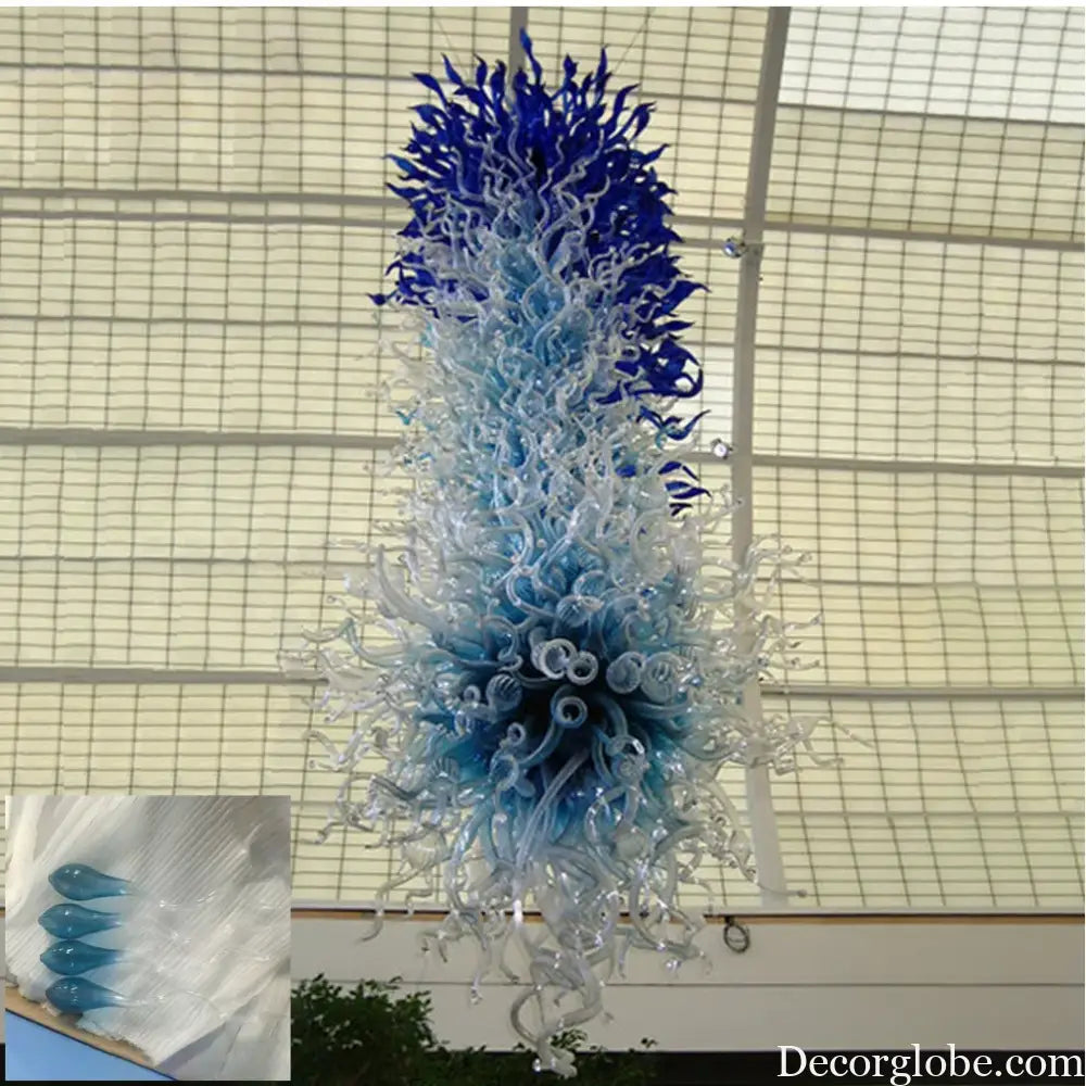 Large Blue Pendant Lamps Hand Blown Glass Long Chandeliers Light LED Suspension Lamp for Hotel Hall Living Room Loft