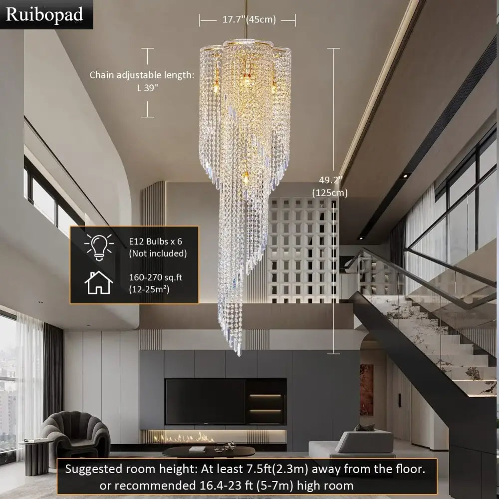 Large Spiral Crystal Beaded Chandelier – 9-Light Gold Luxury Pendant D45cm x H125cm / Tri-colour light