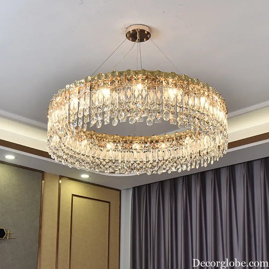 Elegant LED E14 Postmodern Gold Chandelier - A Ring Tassel Crystal Fixture for Dining Rooms, Adding Luminescent Luxury - DecorGlobe