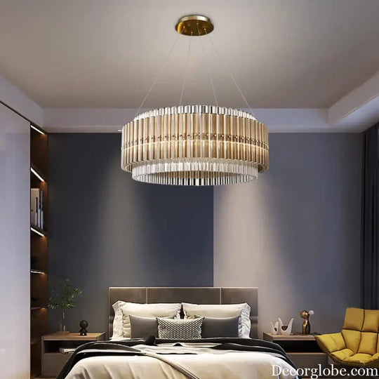 Luxury LED Chandelier for Living Room - Modern Round Glass Hanging Lamp in Gold - DecorGlobe