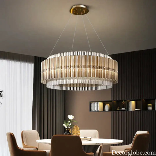 Luxury LED Chandelier for Living Room - Modern Round Glass Hanging Lamp in Gold - DecorGlobe