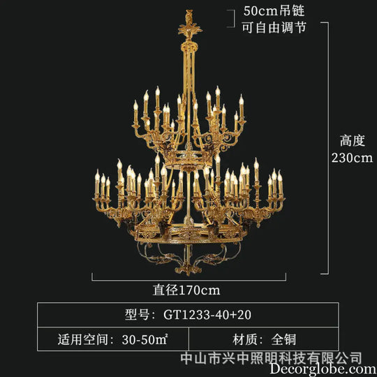 French Villa Copper Crystal Chandelier for Grand Living Room 40 + 20 heads (diameter 170cm, height 230cm)